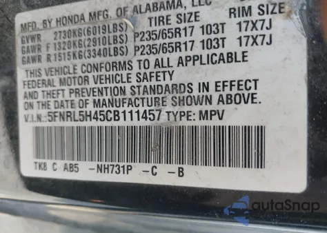 2012 Honda Odyssey Ex z USA, uszkodzony, nr VIN 5FNRL5H45CB111457